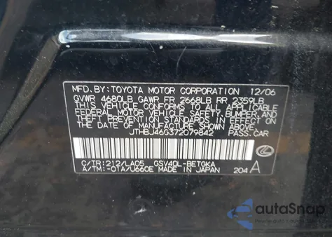 2007 Lexus Es 350 from USA, damaged, VIN JTHBJ46G372079842